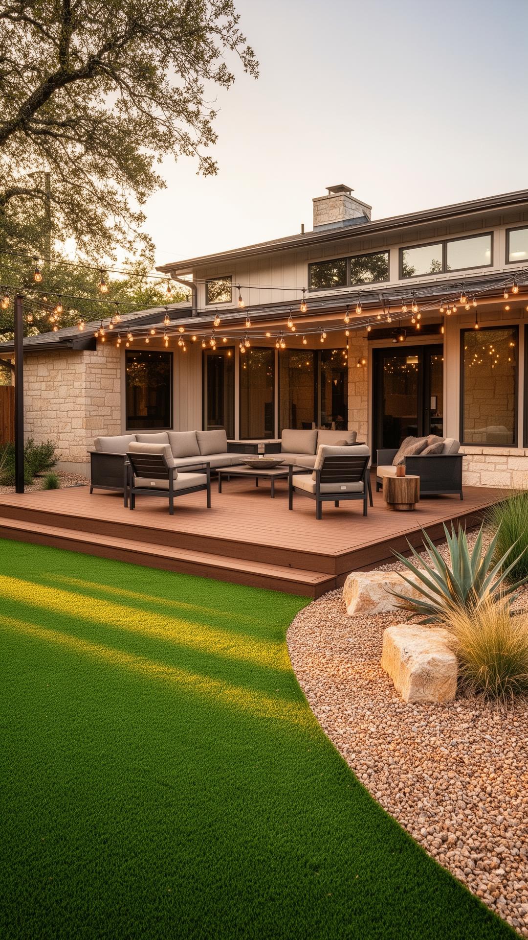 Backyard view looking toward the back of a Texas Hill Country home with a composite deck sitting area, artificial turf lawn, and xeriscape with limestone boulders and agaves